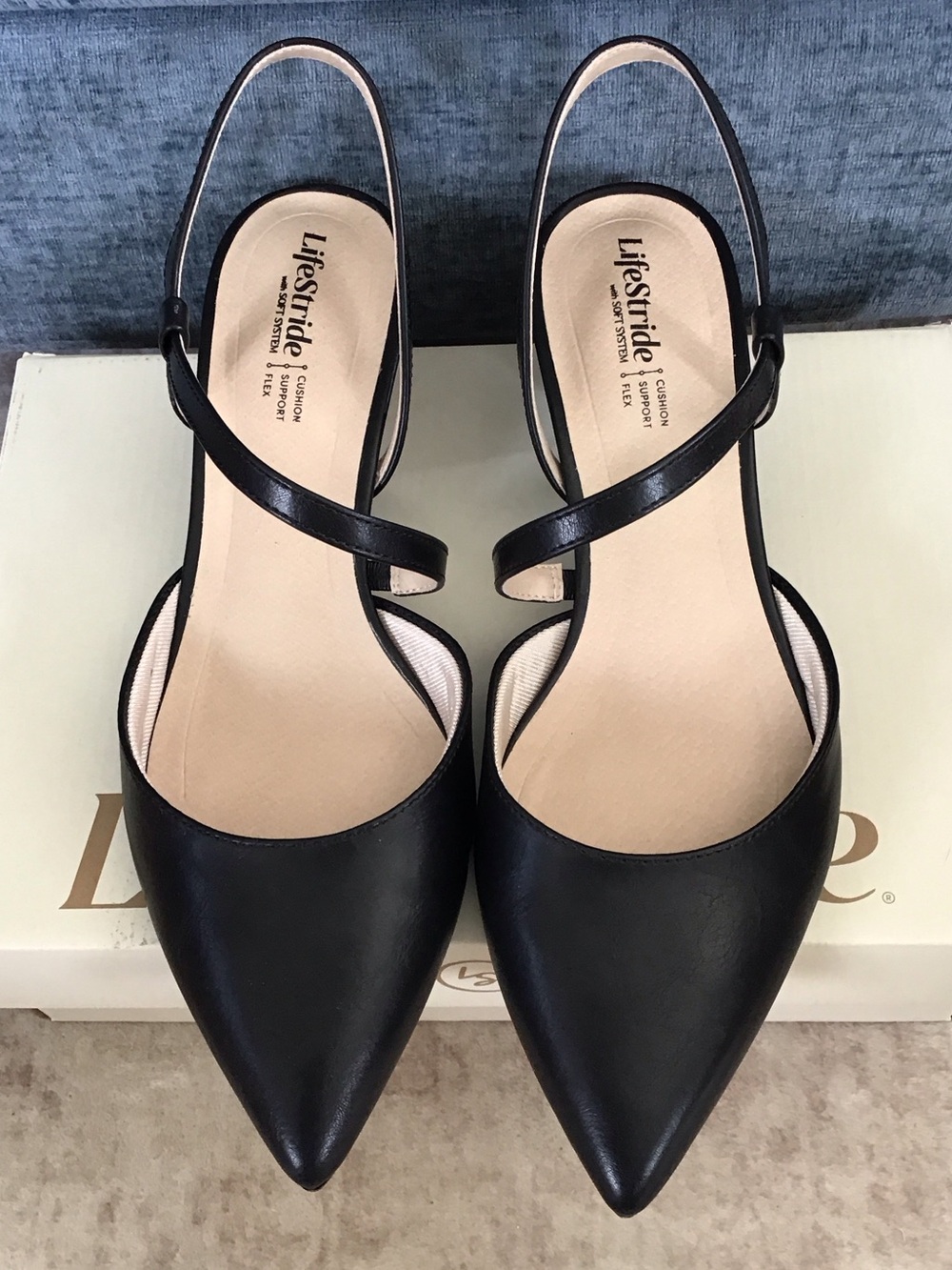 Life Stride Black Pointed Slingback Flats with Crossover Strap
